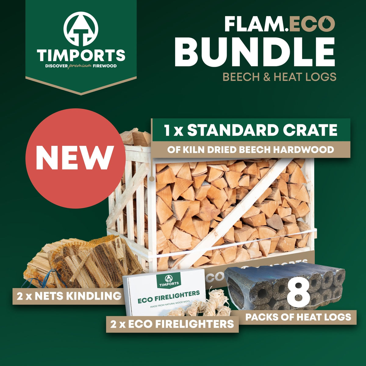Kiln Dried Beech Firewood 8 Heat Logs Kindling & Firelighters